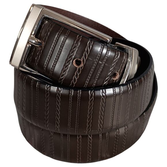 Mezlan Belt Mens 34 Brown Leather Buckle Made in Spain Textured Dress Casual - Picture 1 of 7